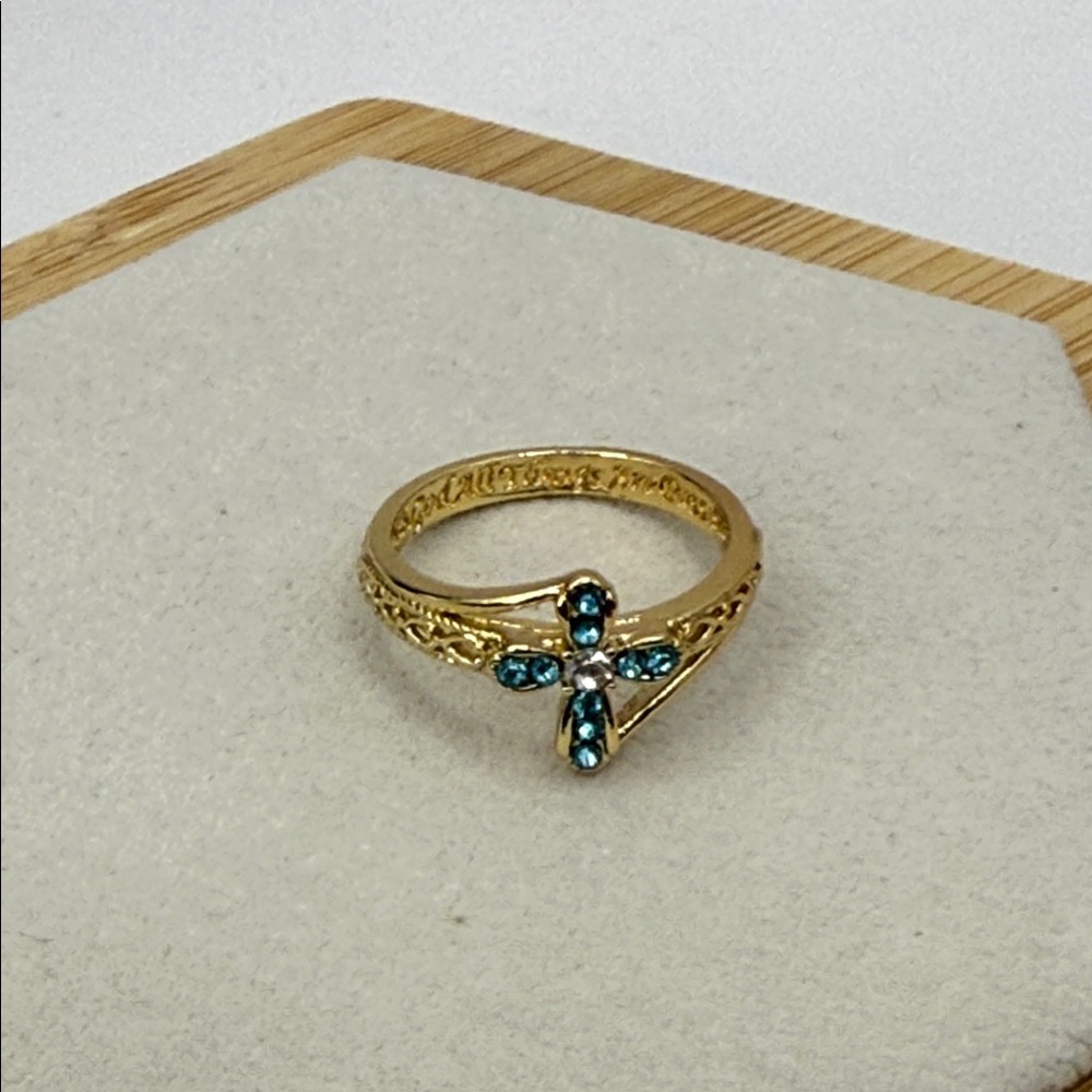 Elegant Gold Tone and Blue Rhinestone Cross Ring Size 8 “With God…Are Possible”